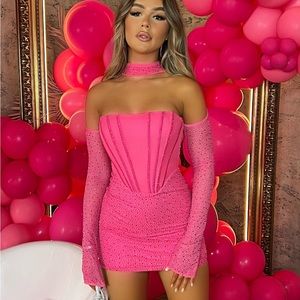 DressMeZee - Kat Embellished Mini Dress - Hot Pink